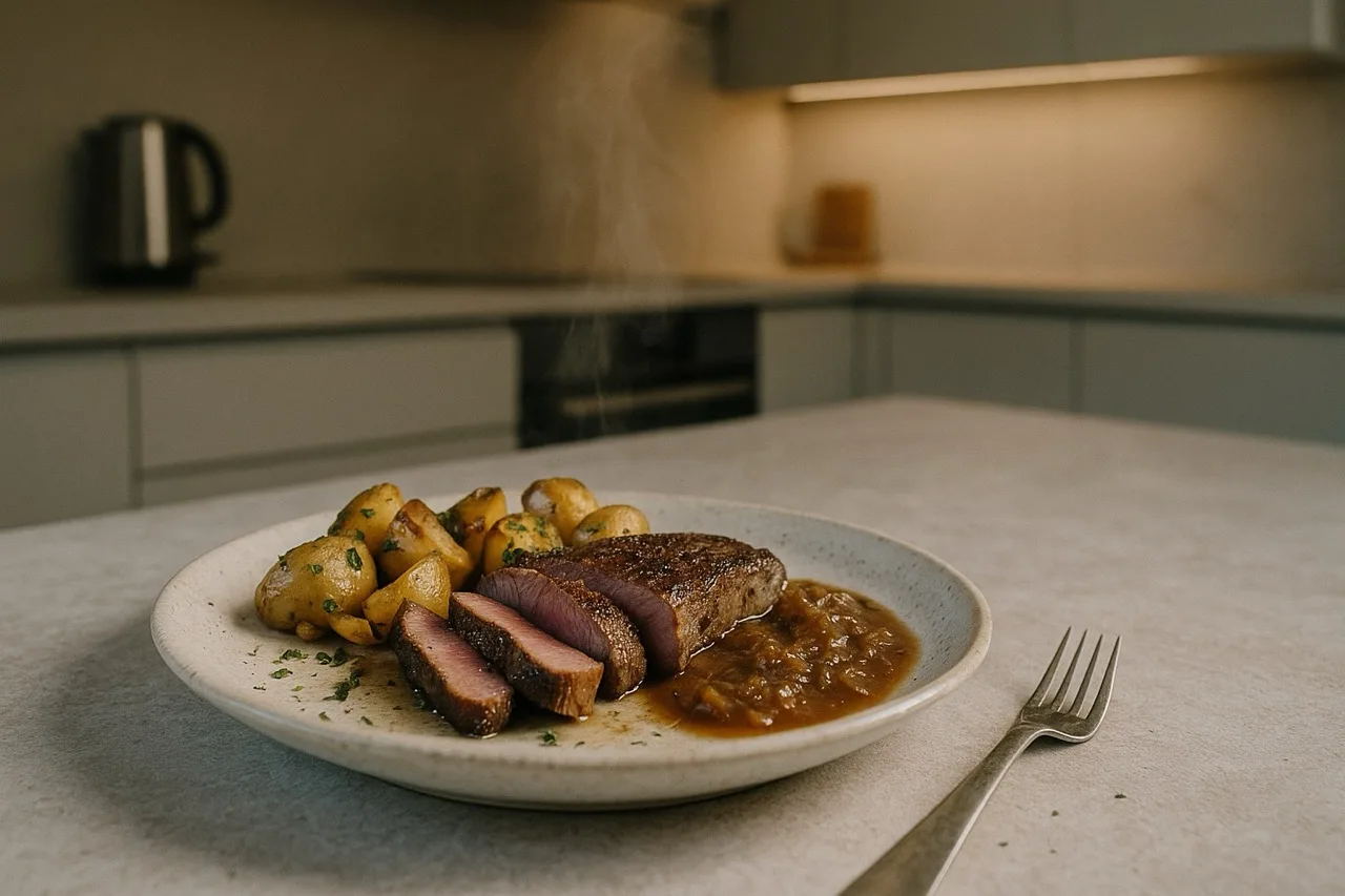 Steak sült burgonyával és hagymamártással