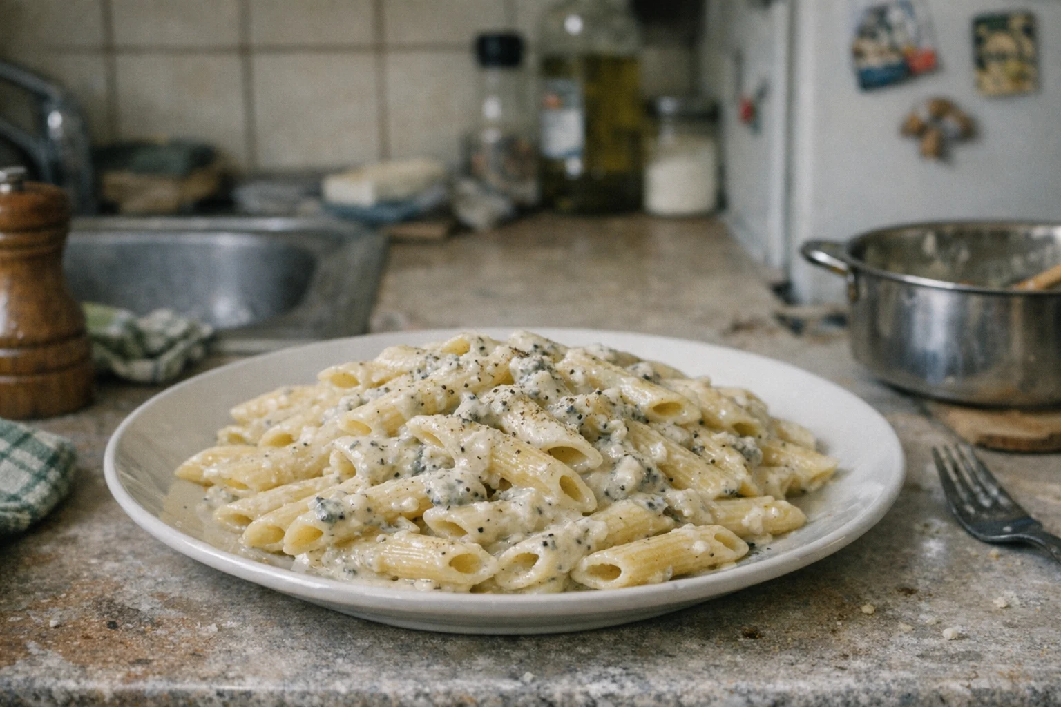 Penne kéksajtmártással
