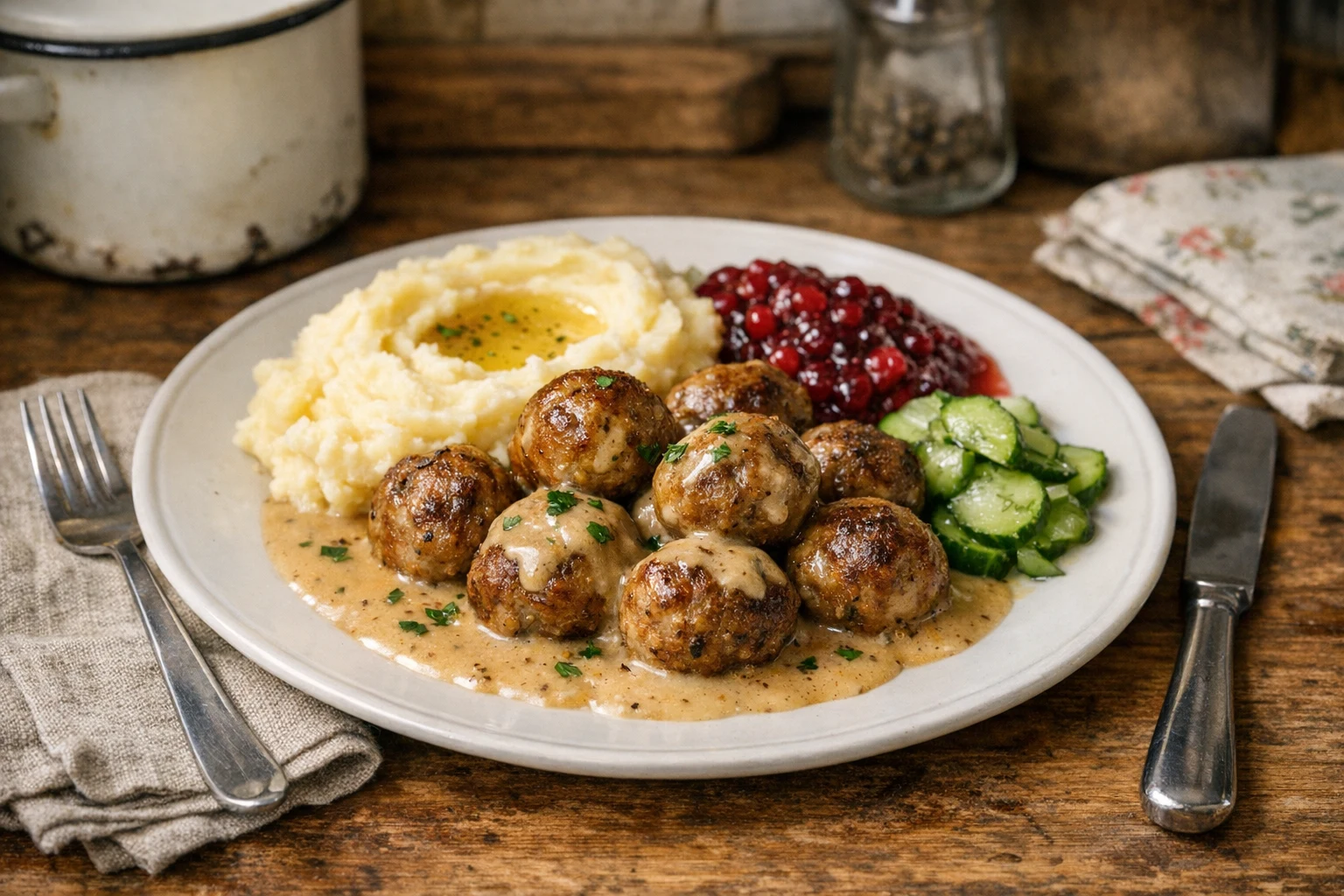 Svéd húsgolyók (köttbullar) tejszínes mártással és vörös áfonyával